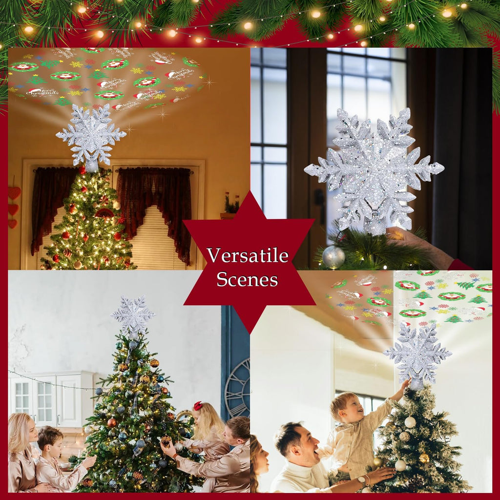 Christmas tree topper with a silver snowflake design, projecting festive patterns onto walls and ceilings.