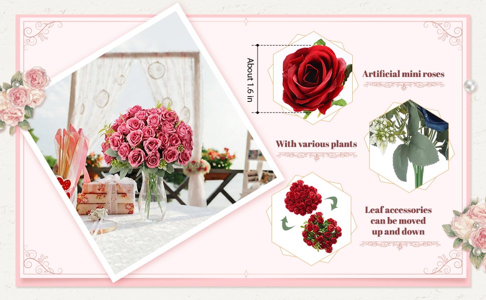 Bouquet of pink artificial roses in a glass vase with decorative boxes and ribbons, next to close-ups of red roses and foliage.