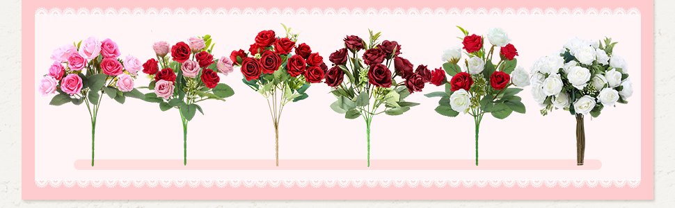 Assortment of artificial rose bouquets in pink, red, burgundy, and white colors on a light pink background.