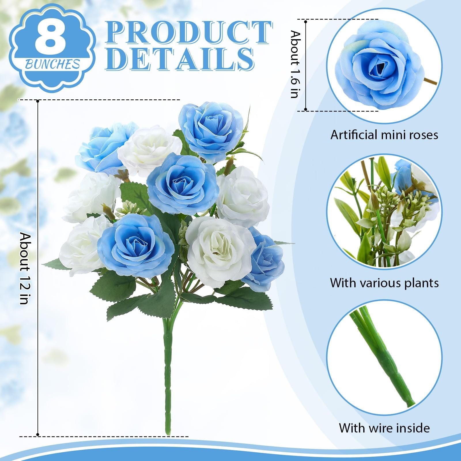 Artificial white and blue rose bouquet with green leaves, showing dimensions and details.