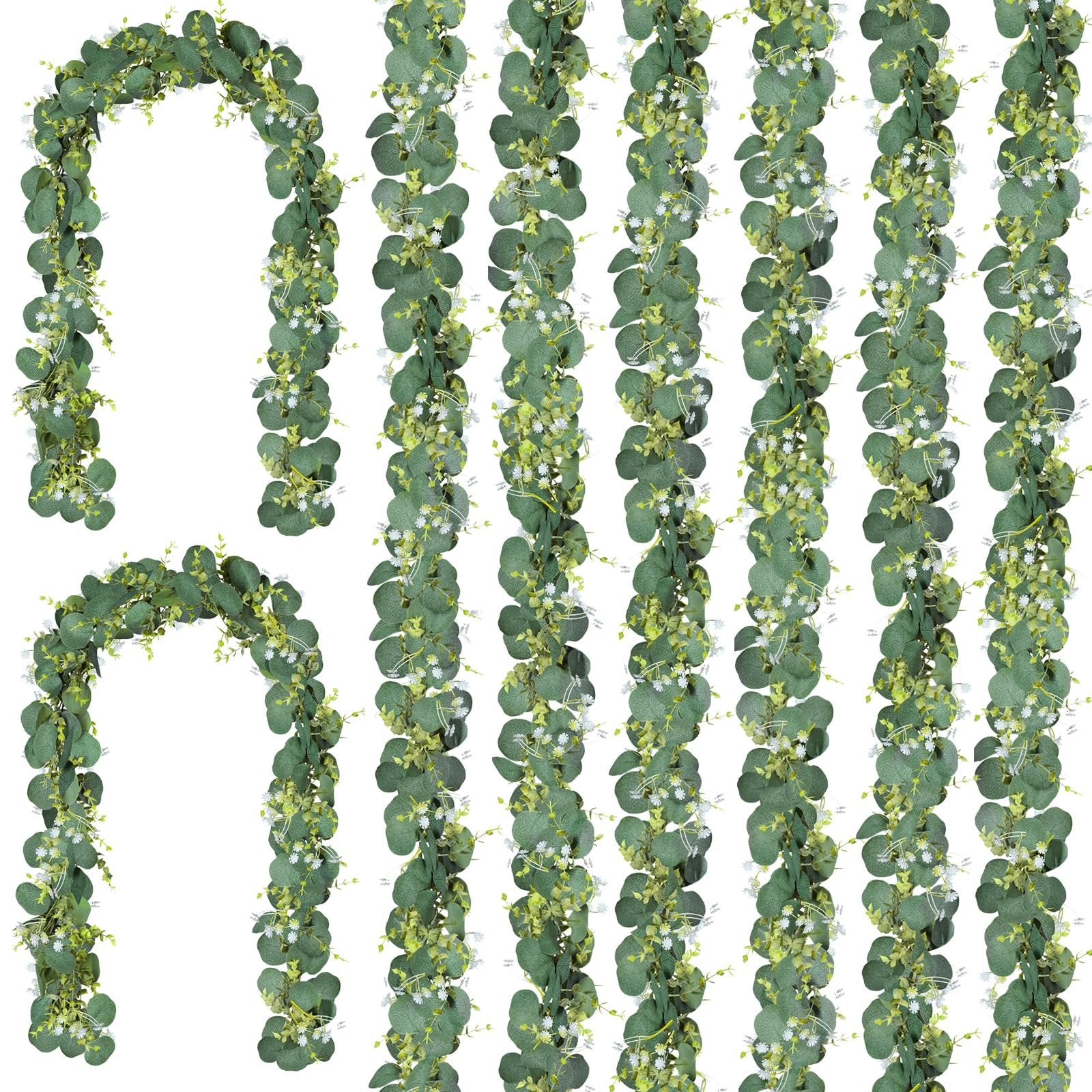 Artificial eucalyptus garland with silk leaves and small white flowers, displayed in multiple strands on a white background.