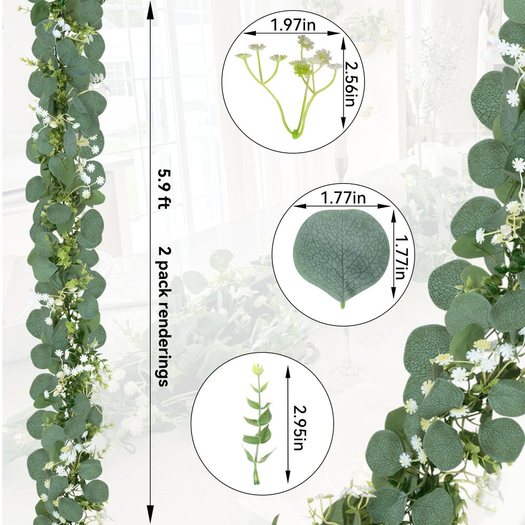 Artificial eucalyptus garland with silk leaves and small white flowers, showing dimensions of leaves and sprigs.