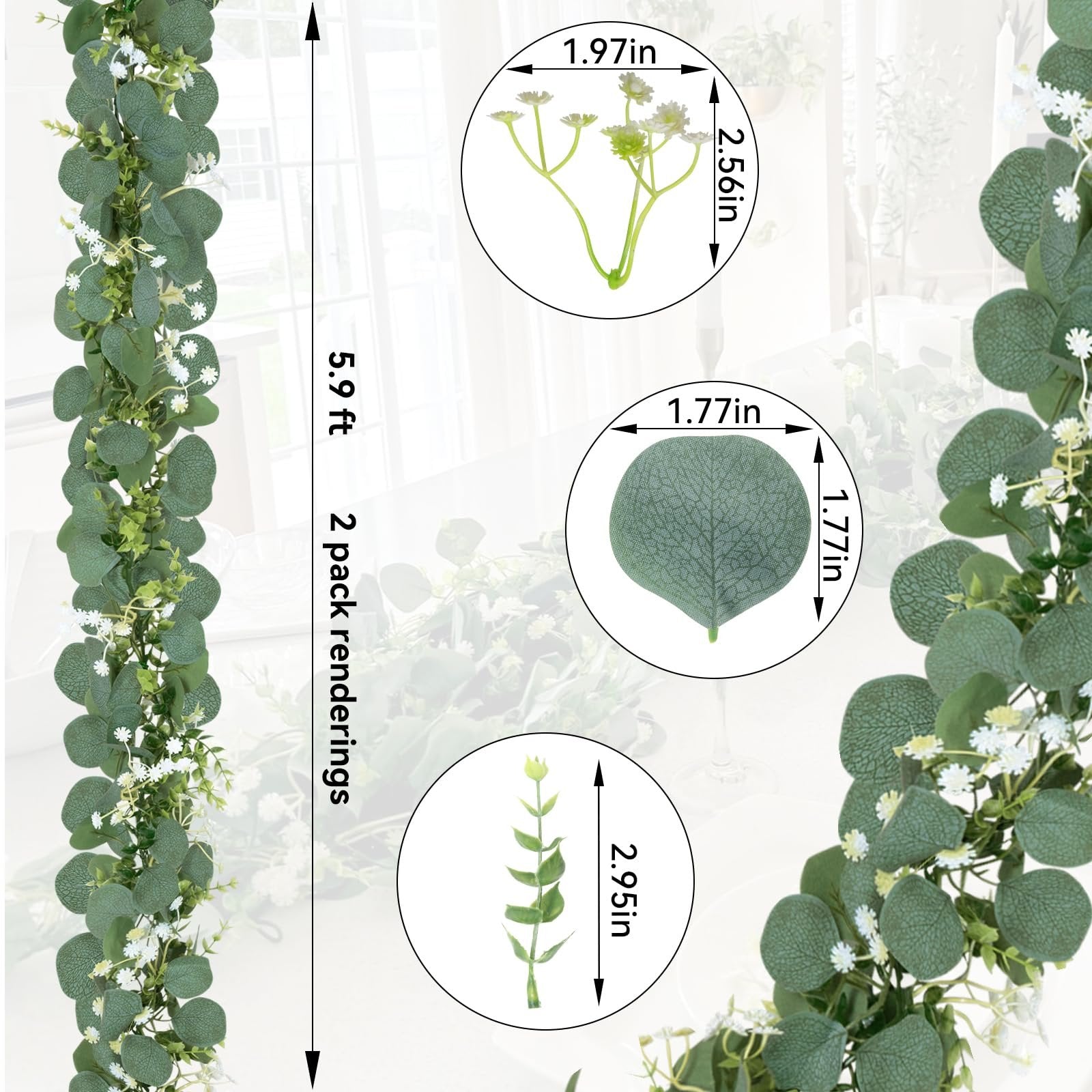 Artificial eucalyptus garland with silk leaves and small white flowers, showing dimensions of leaves and sprigs.