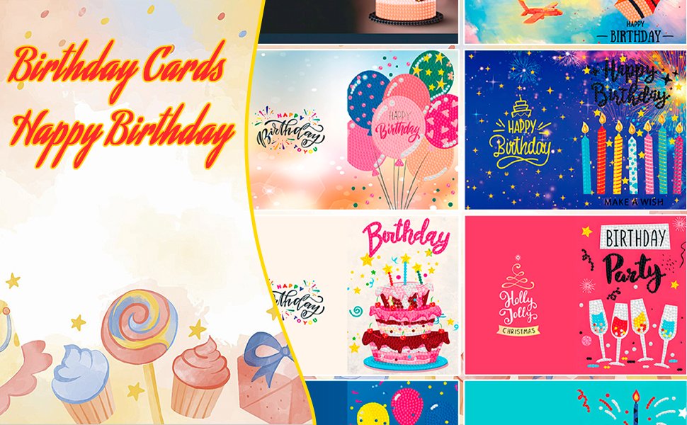 Collage of birthday-themed diamond art card designs, including cakes, balloons, candles, and festive greetings.