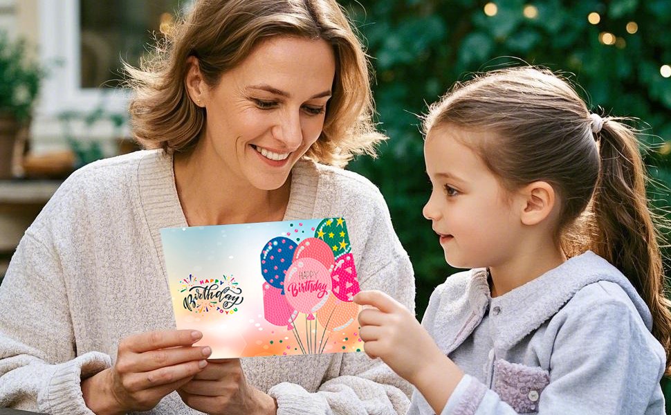 Mother and daughter holding a diamond art happy birthday card with balloons