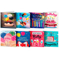 Eight diamond art birthday greeting cards displayed open, featuring cakes, balloons, candles, and champagne glasses.