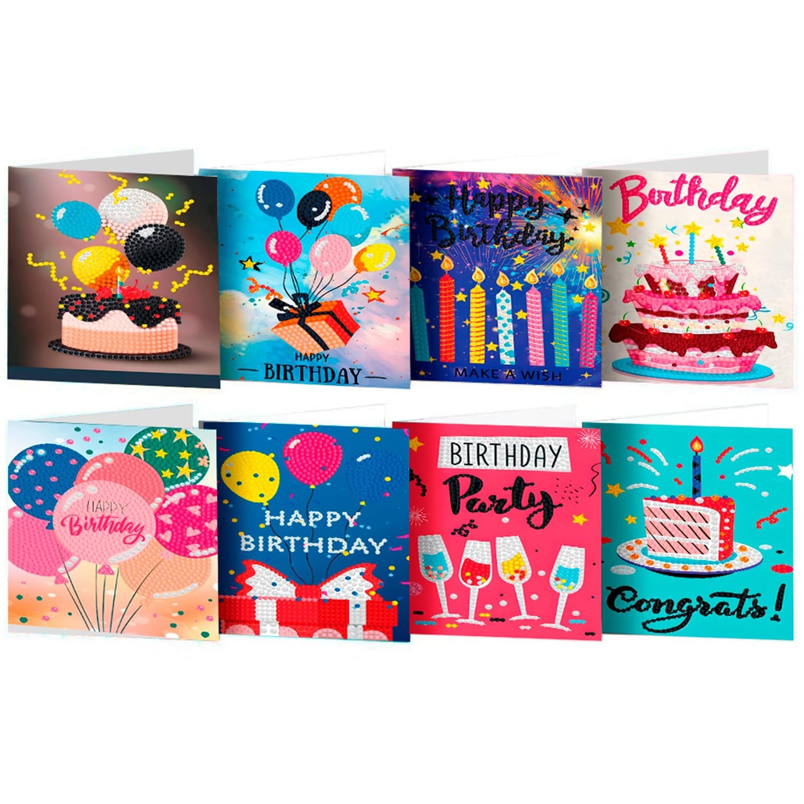 Eight diamond art birthday greeting cards displayed open, featuring cakes, balloons, candles, and champagne glasses.
