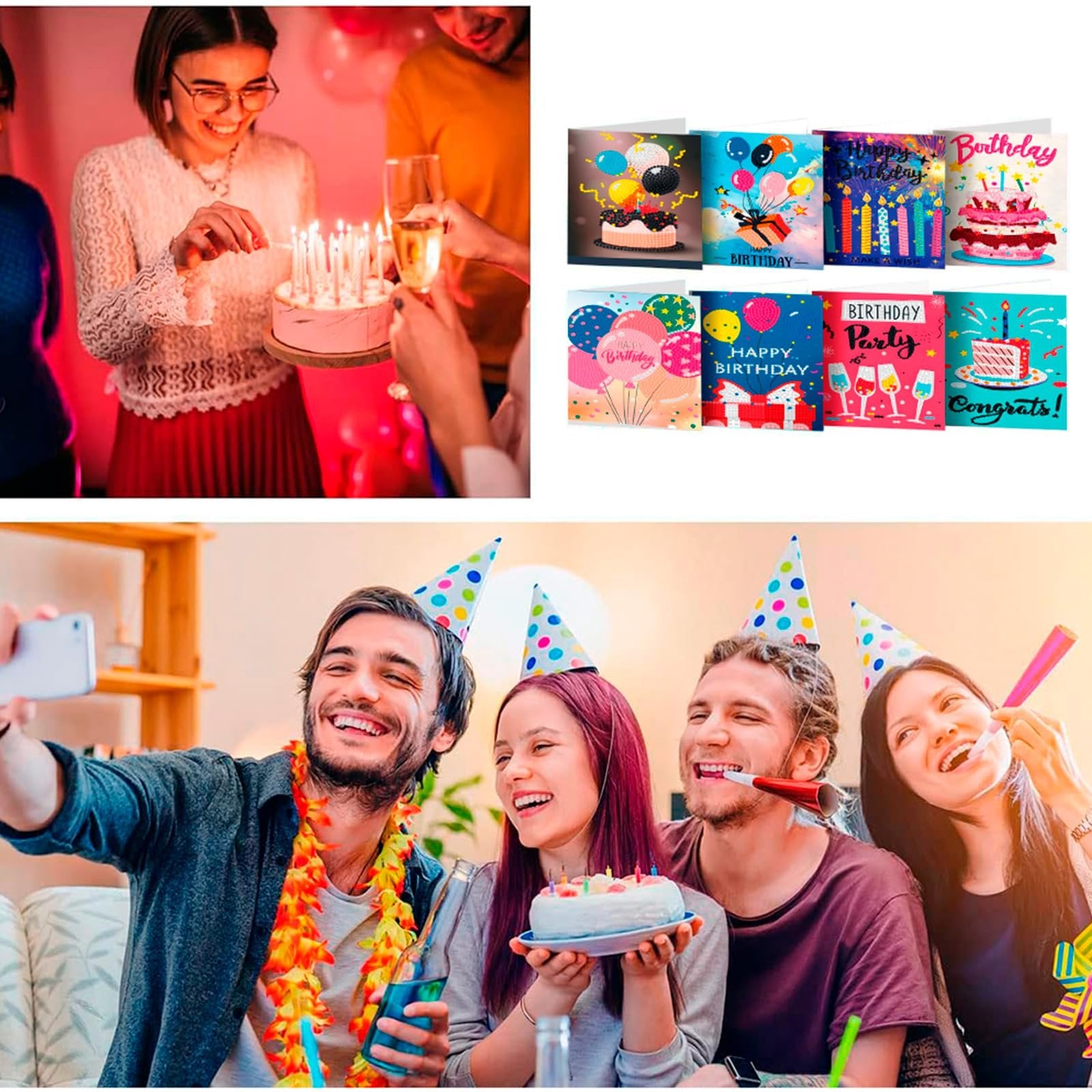 Collage of birthday party scenes and greeting cards. Top left shows people lighting candles on a cake. Top right shows a grid of birthday cards. Bottom shows friends taking a selfie at a party.