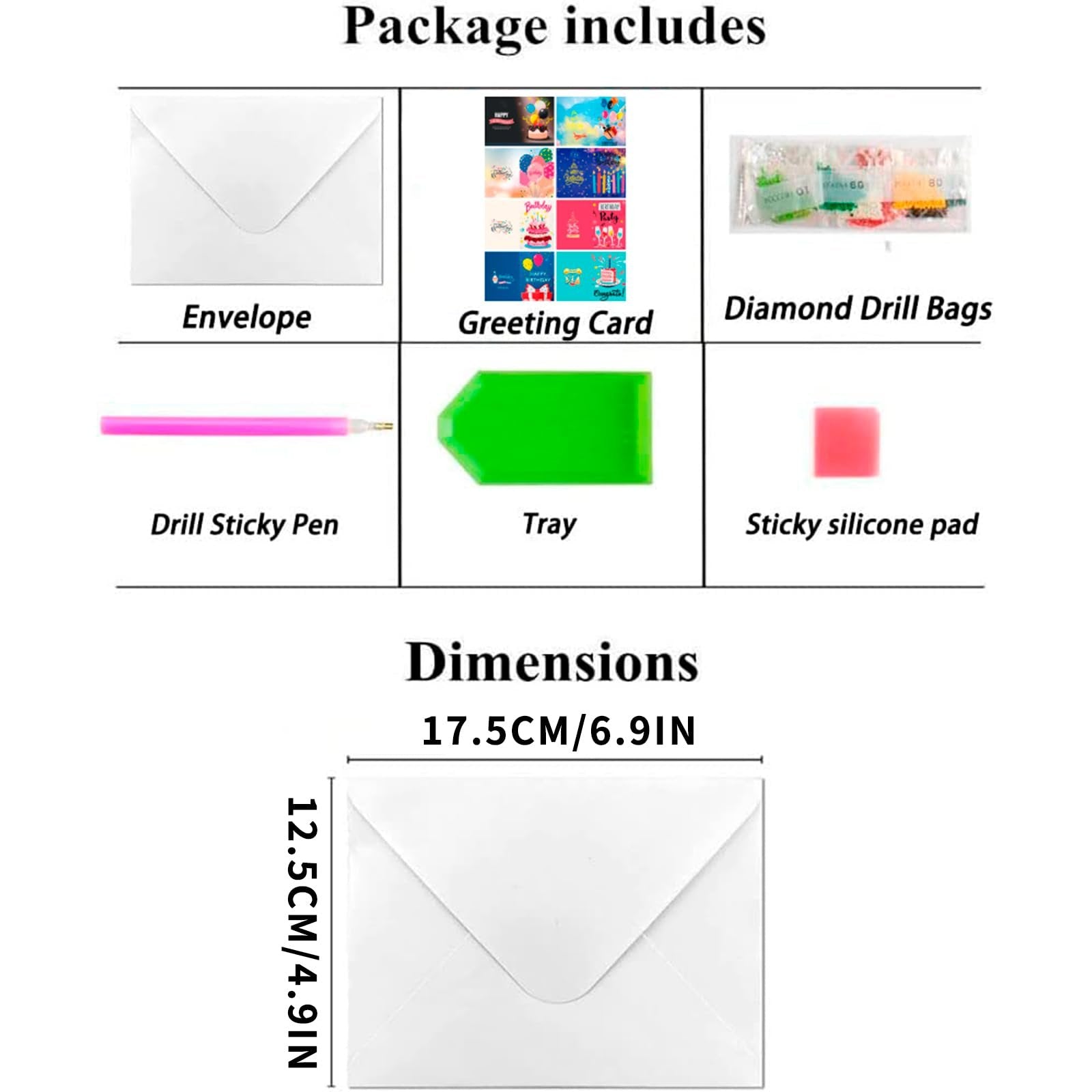 Diamond art greeting card kit contents including envelope, greeting cards, diamond drill bags, drill sticky pen, tray, and sticky silicone pad, with dimensions shown.
