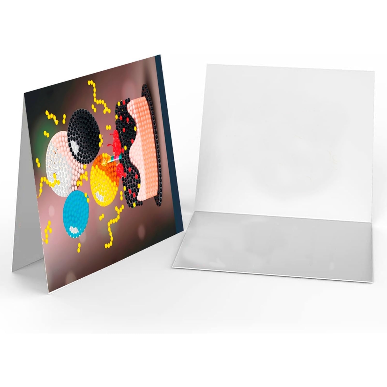 Two greeting cards, one with a diamond art design of balloons and confetti, the other blank, displayed on a white background.