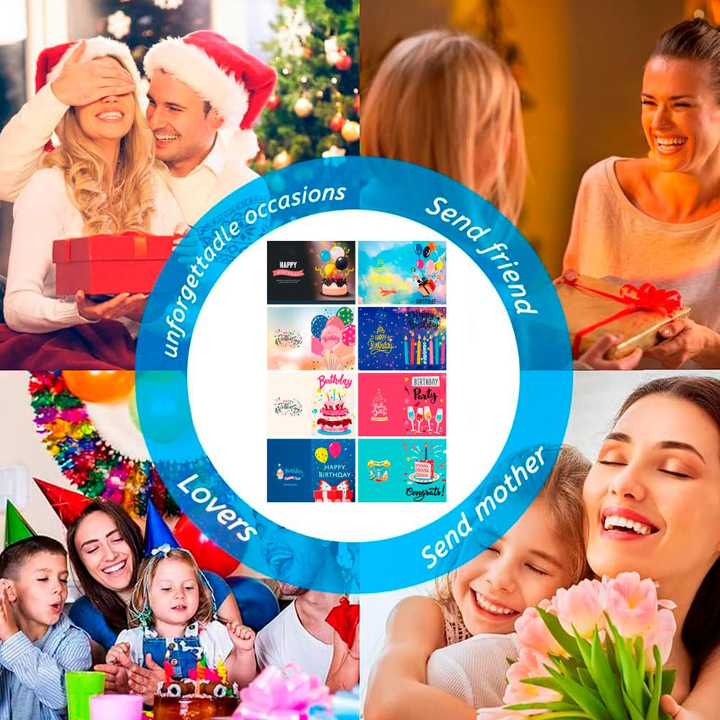 Collage of people celebrating birthdays and holidays, with inset images of birthday cards.