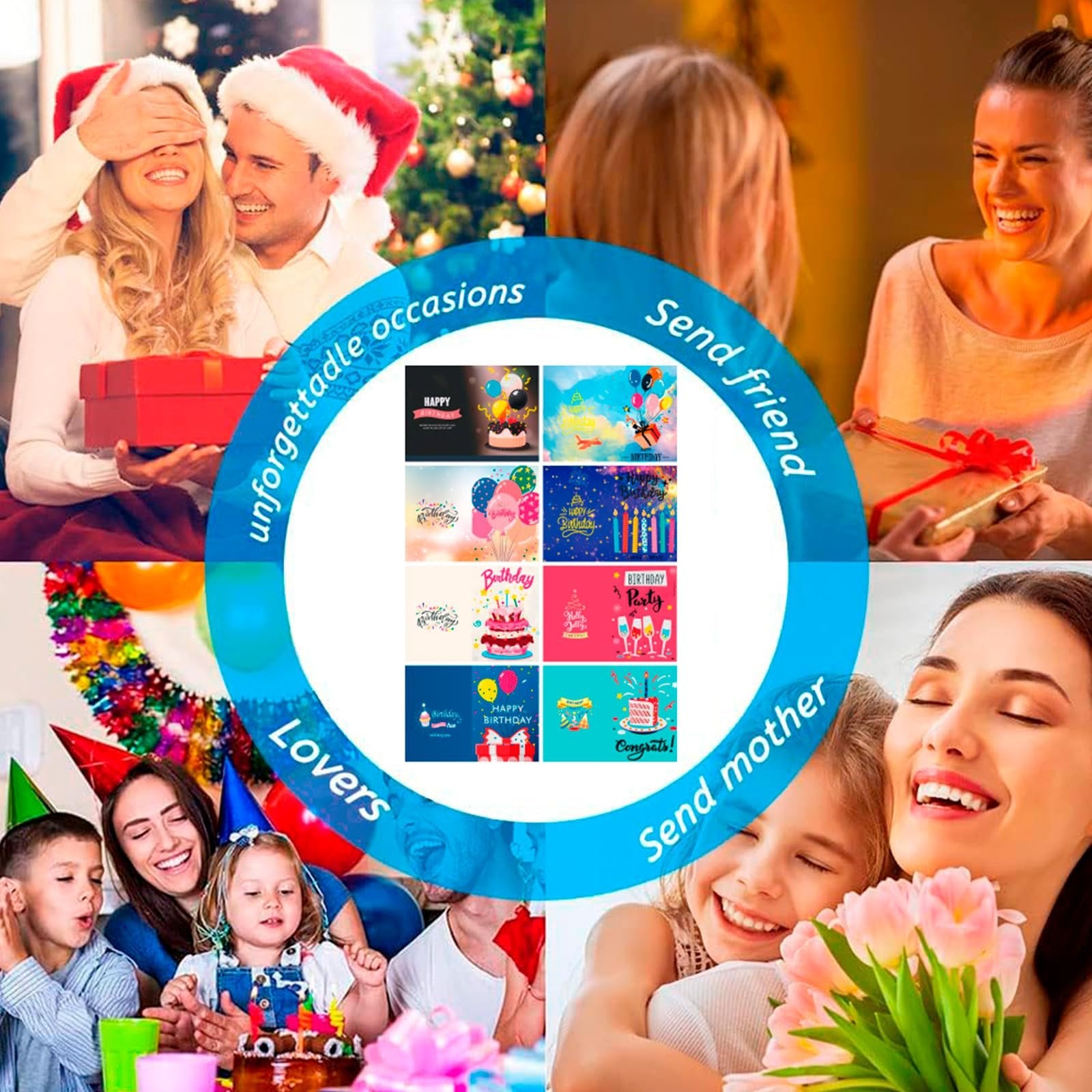 Collage of people celebrating birthdays and holidays, with inset images of birthday cards.