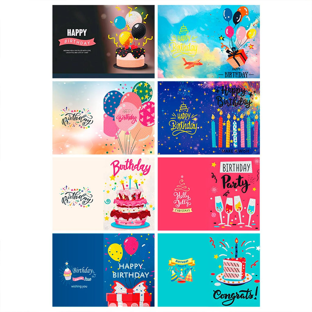 Collage of eight different birthday card designs featuring cakes, balloons, candles, and festive text.