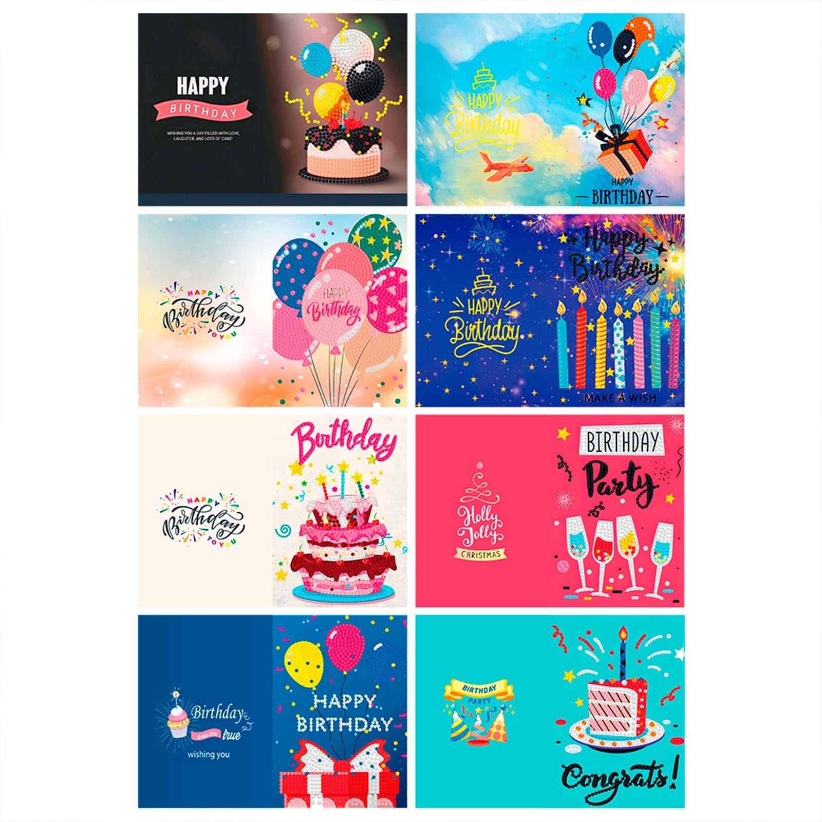 Collage of eight different birthday card designs featuring cakes, balloons, candles, and festive text.