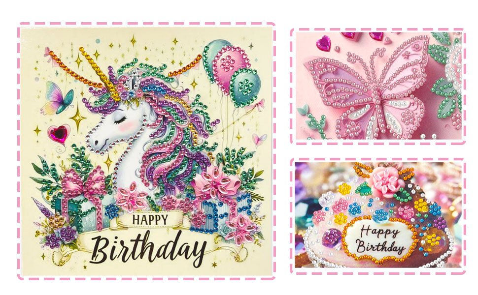 Diamond painting greeting cards featuring a unicorn and a butterfly, with 'Happy Birthday' text.