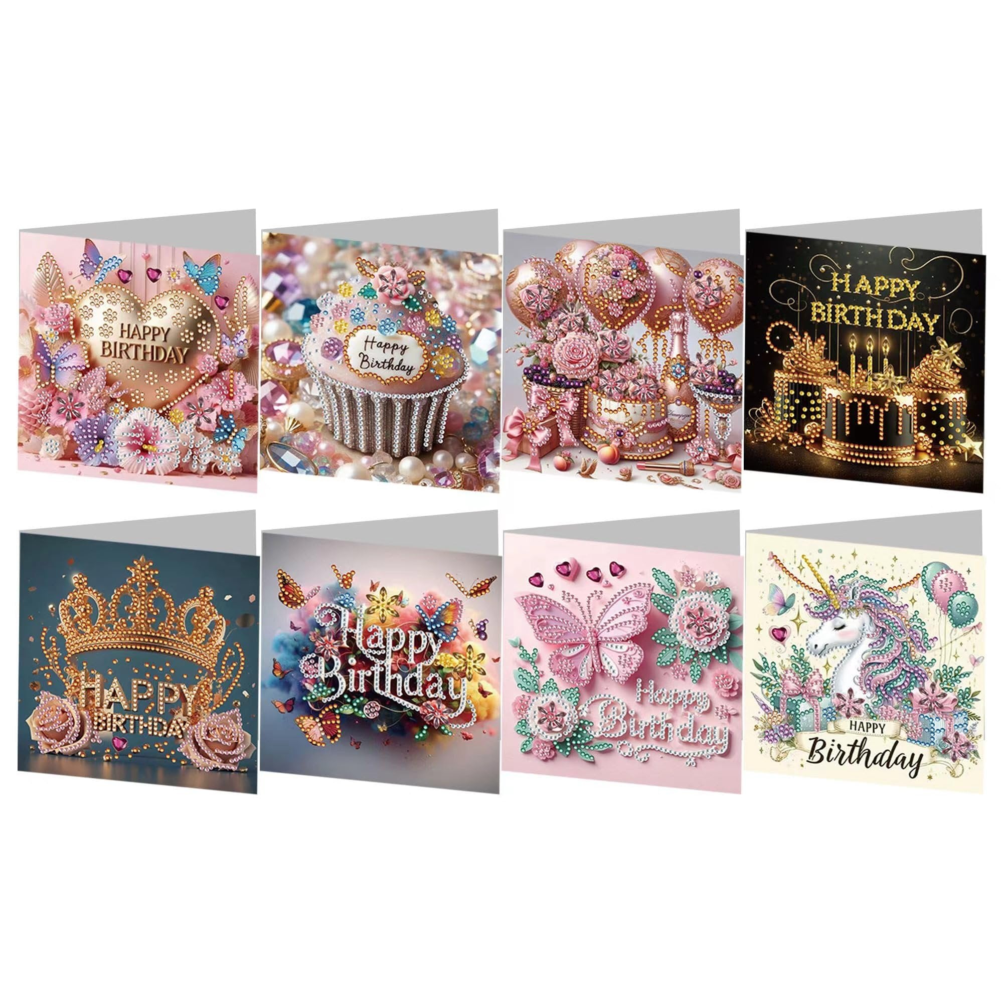 Eight diamond painting greeting cards featuring birthday themes like cakes, unicorns, and crowns, all adorned with rhinestones.