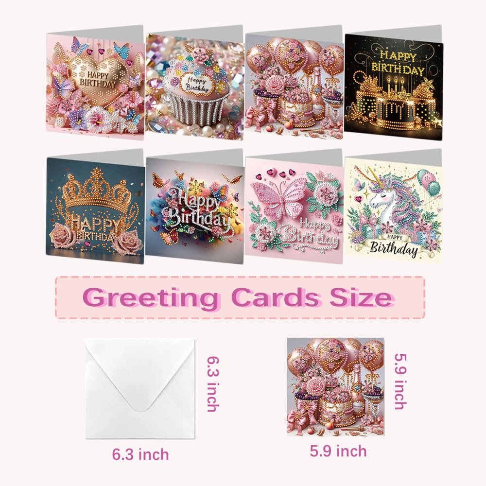Eight diamond painting greeting cards with birthday themes, plus envelope and size diagrams.