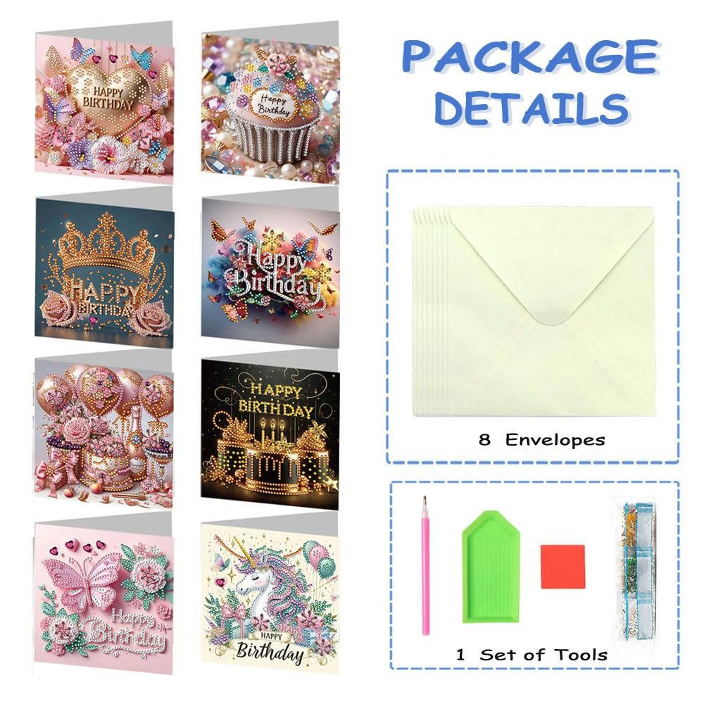 Diamond painting greeting card kit contents including envelopes and tools, with examples of finished cards.
