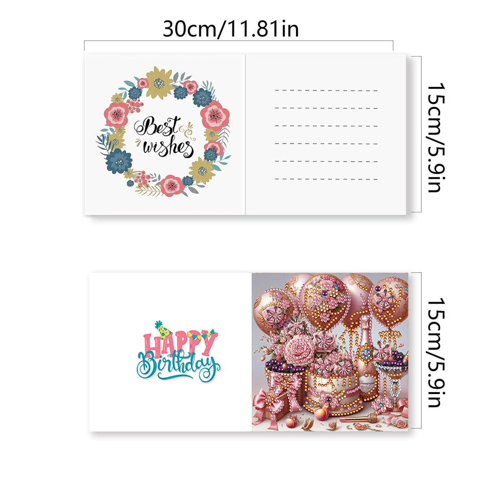 Diamond painting greeting card kit showing front and back designs, with floral wreath and text on one side, and birthday cake and balloons on the other.