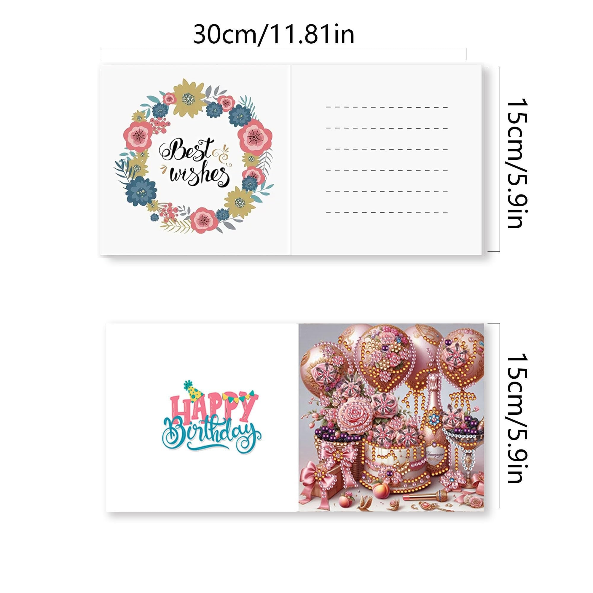 Diamond painting greeting card kit showing front and back designs, with floral wreath and text on one side, and birthday cake and balloons on the other.
