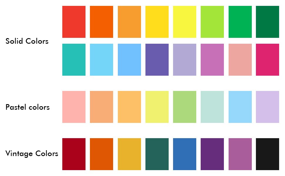 Color swatches categorized as Solid Colors, Pastel colors, and Vintage Colors.