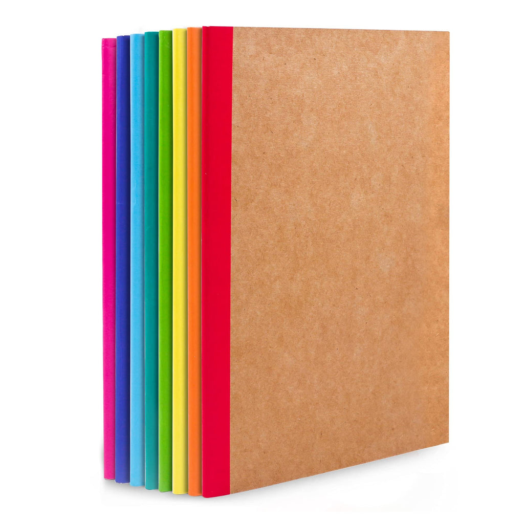 Stack of eight A5 composition notebooks with colorful spines and kraft paper covers, shown from the side.