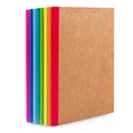 Stack of eight A5 composition notebooks with colorful spines and kraft paper covers, shown from the side.
