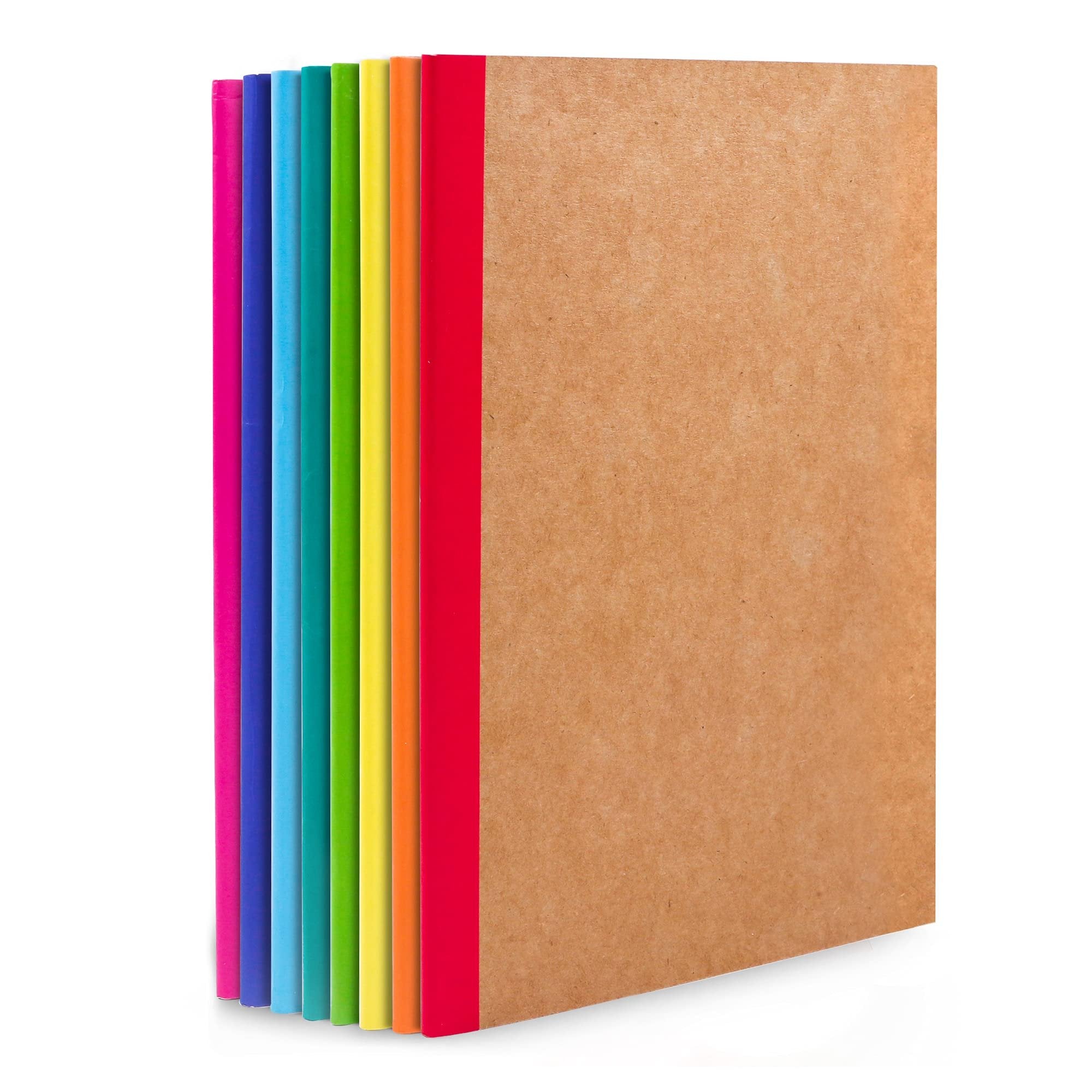 Stack of eight A5 composition notebooks with colorful spines and kraft paper covers, shown from the side.
