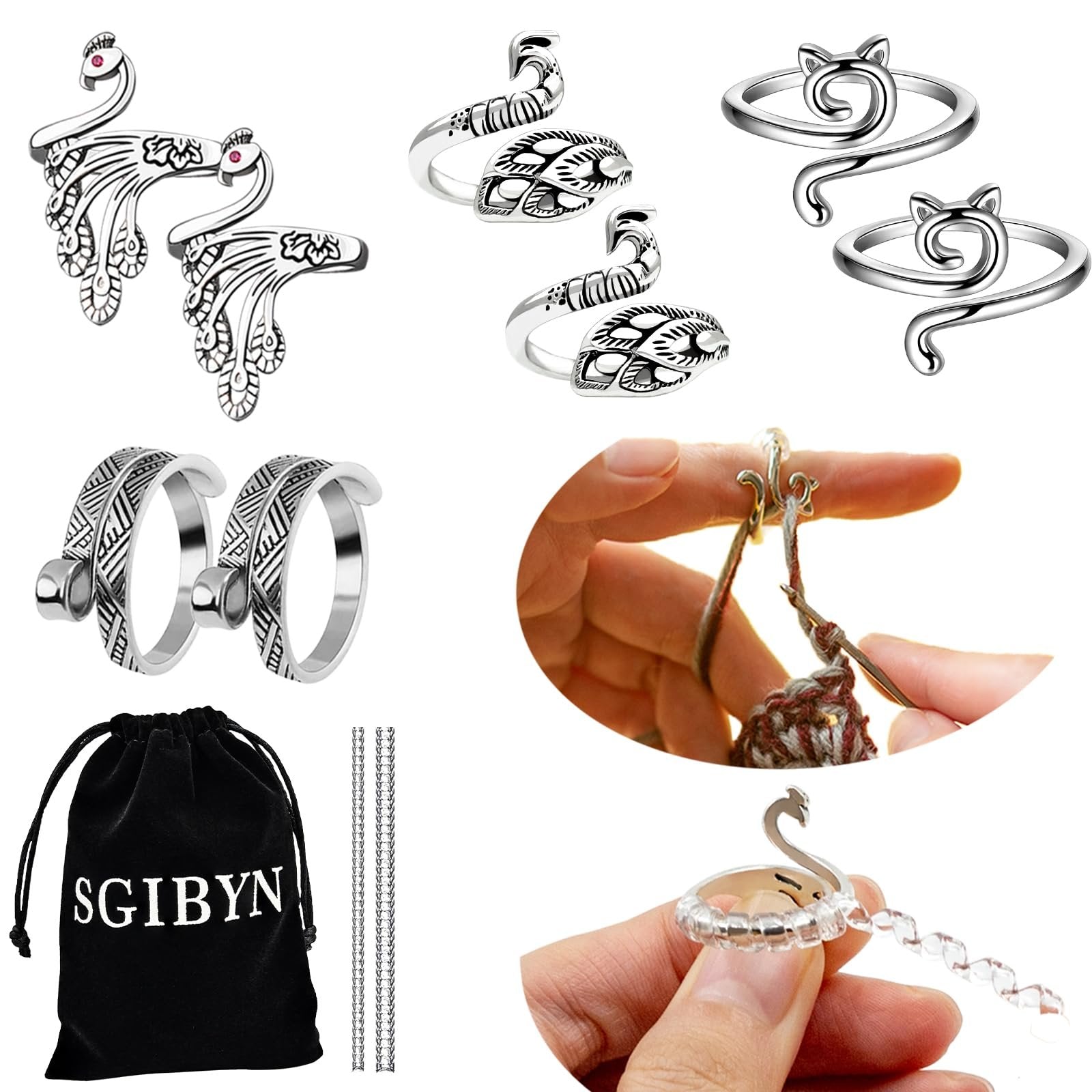 Collection of adjustable crochet yarn tension rings in peacock, snake, cat, and patterned designs, with a storage bag and knitting demonstration.