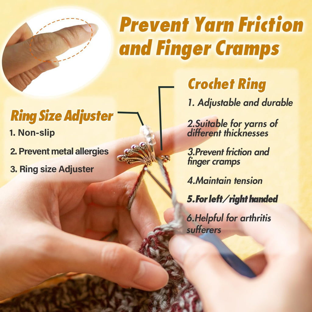 Crocheting with a yarn tension ring on a finger, showing how it prevents friction and finger cramps.