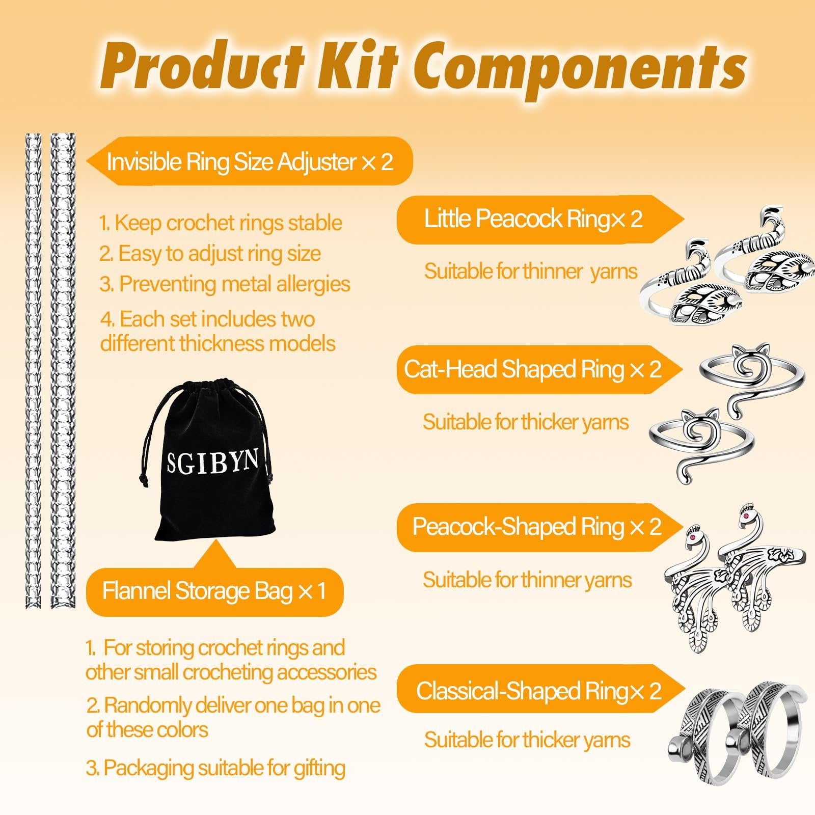 Product kit components including adjustable crochet yarn rings, peacock and cat shapes, and a storage bag.