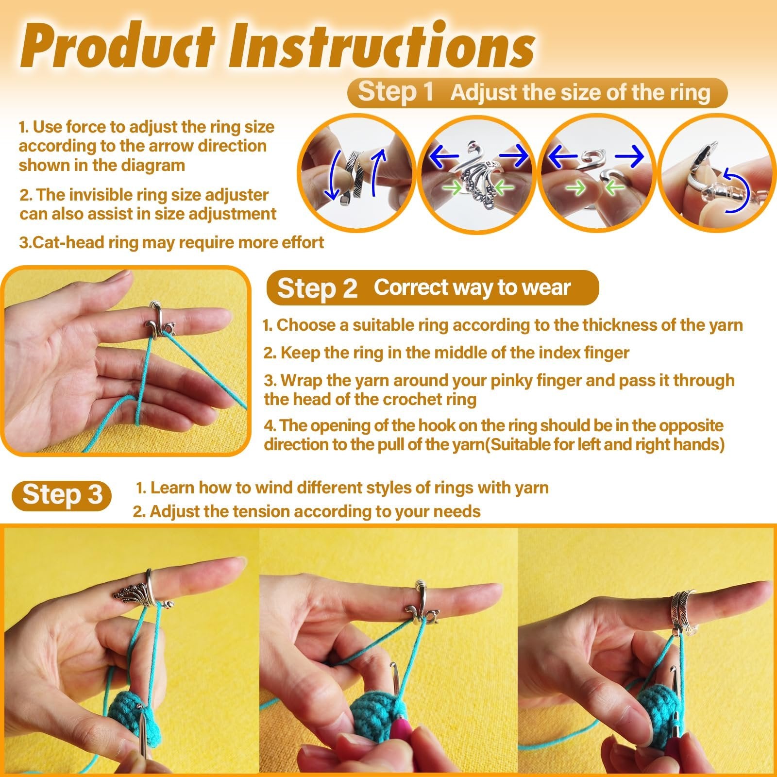 Crochet yarn tension rings shown with instructions on how to adjust and wear them.