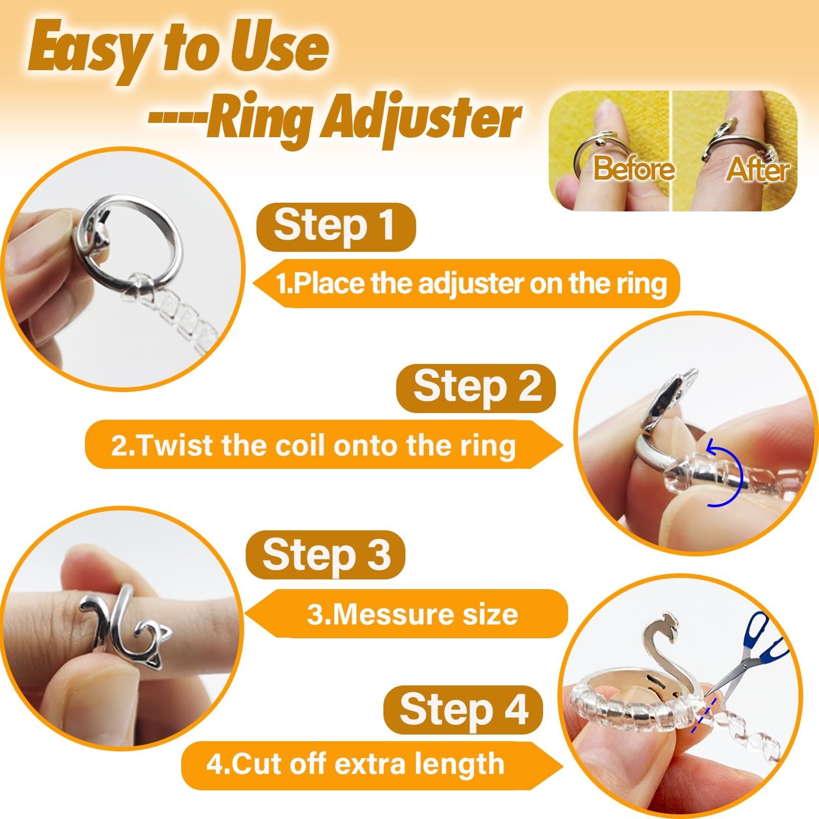 Instructions for using a ring adjuster, showing four steps with close-ups of the process and before/after images.