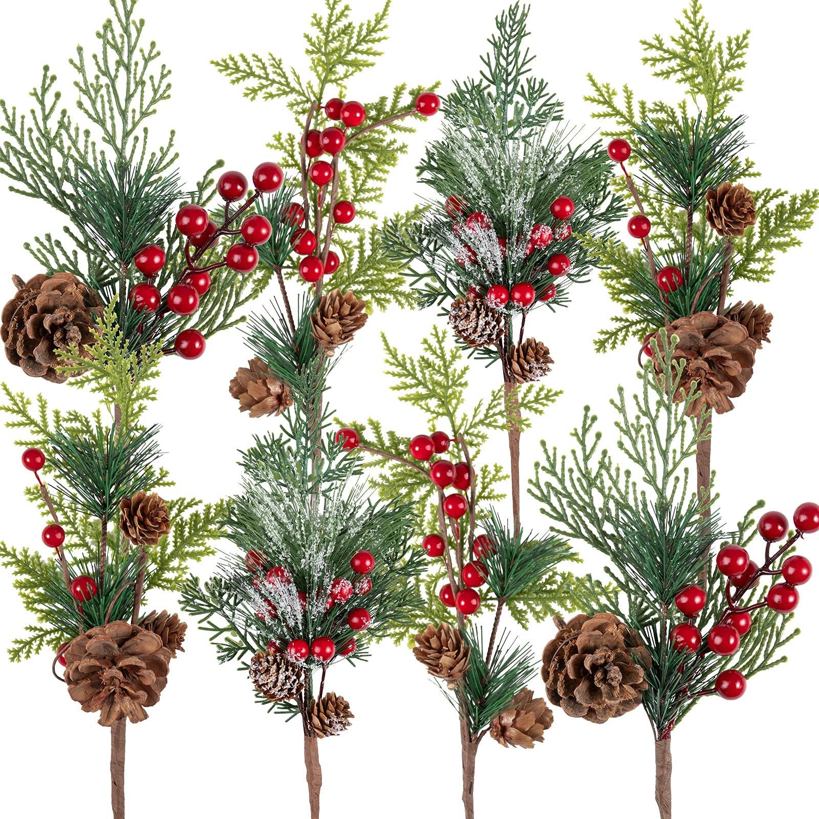 Eight artificial Christmas pine sprigs with red berries and pine cones, arranged in a collage against a white background.