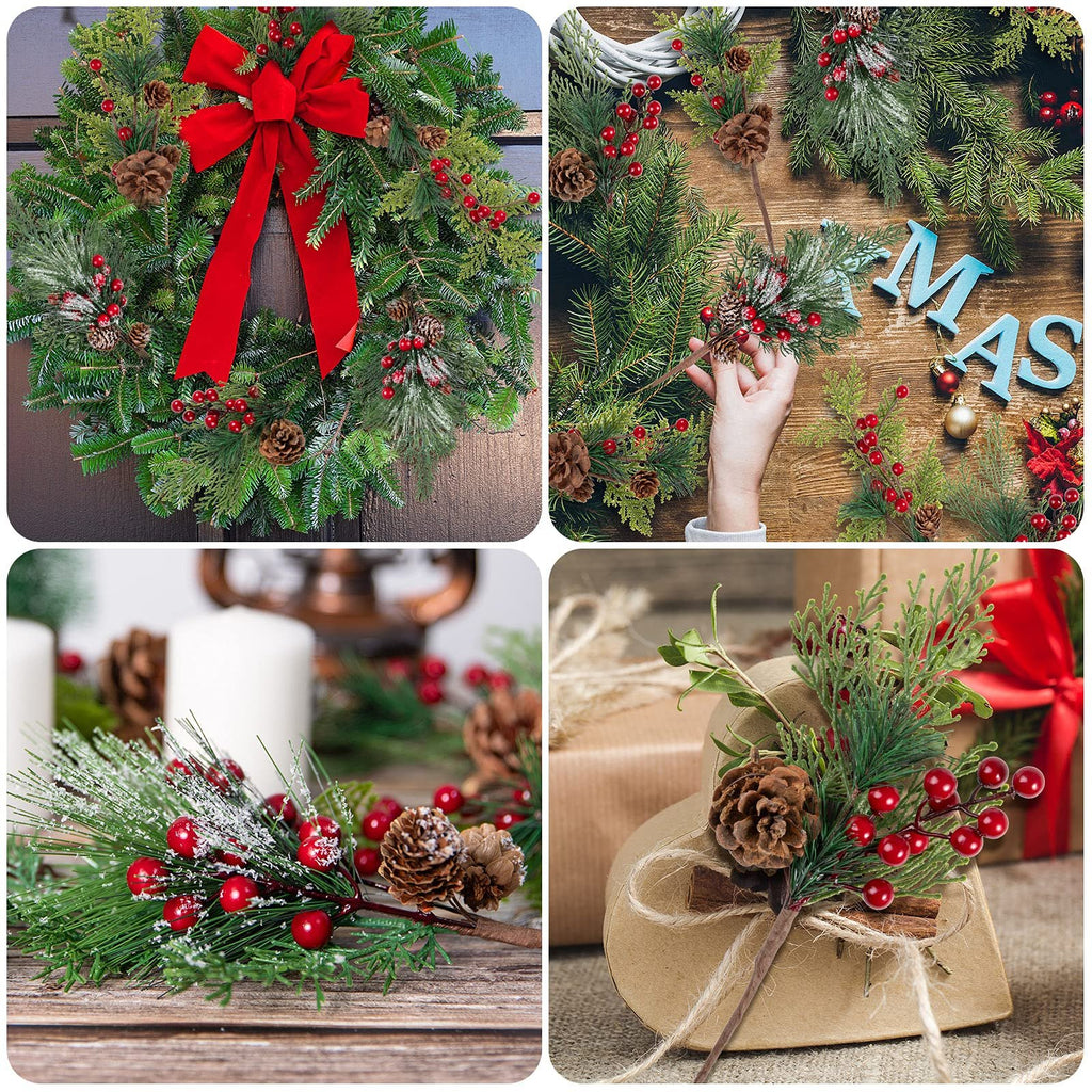 Collage of Christmas greenery with red berries and pine cones, including a wreath, crafting elements, and decorative arrangements.