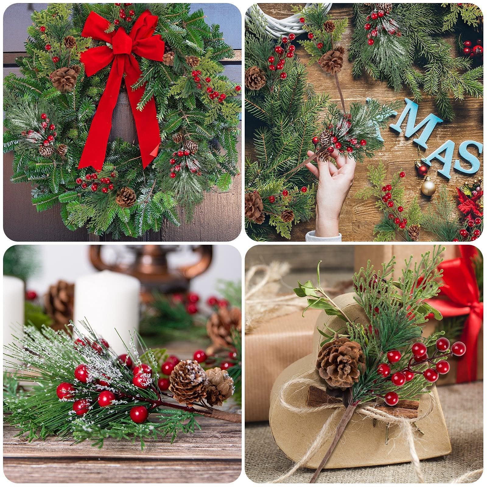 Collage of Christmas greenery with red berries and pine cones, including a wreath, crafting elements, and decorative arrangements.