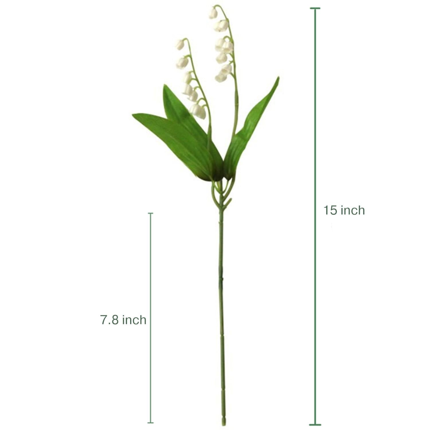 Artificial lily of the valley stem with green leaves and white bell-shaped flowers, with dimension lines indicating 7.8 inches and 15 inches.