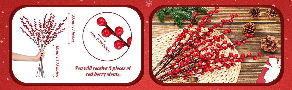 Artificial red berry stems with dimensions and quantity information, and a lifestyle arrangement with pinecones and a gift.