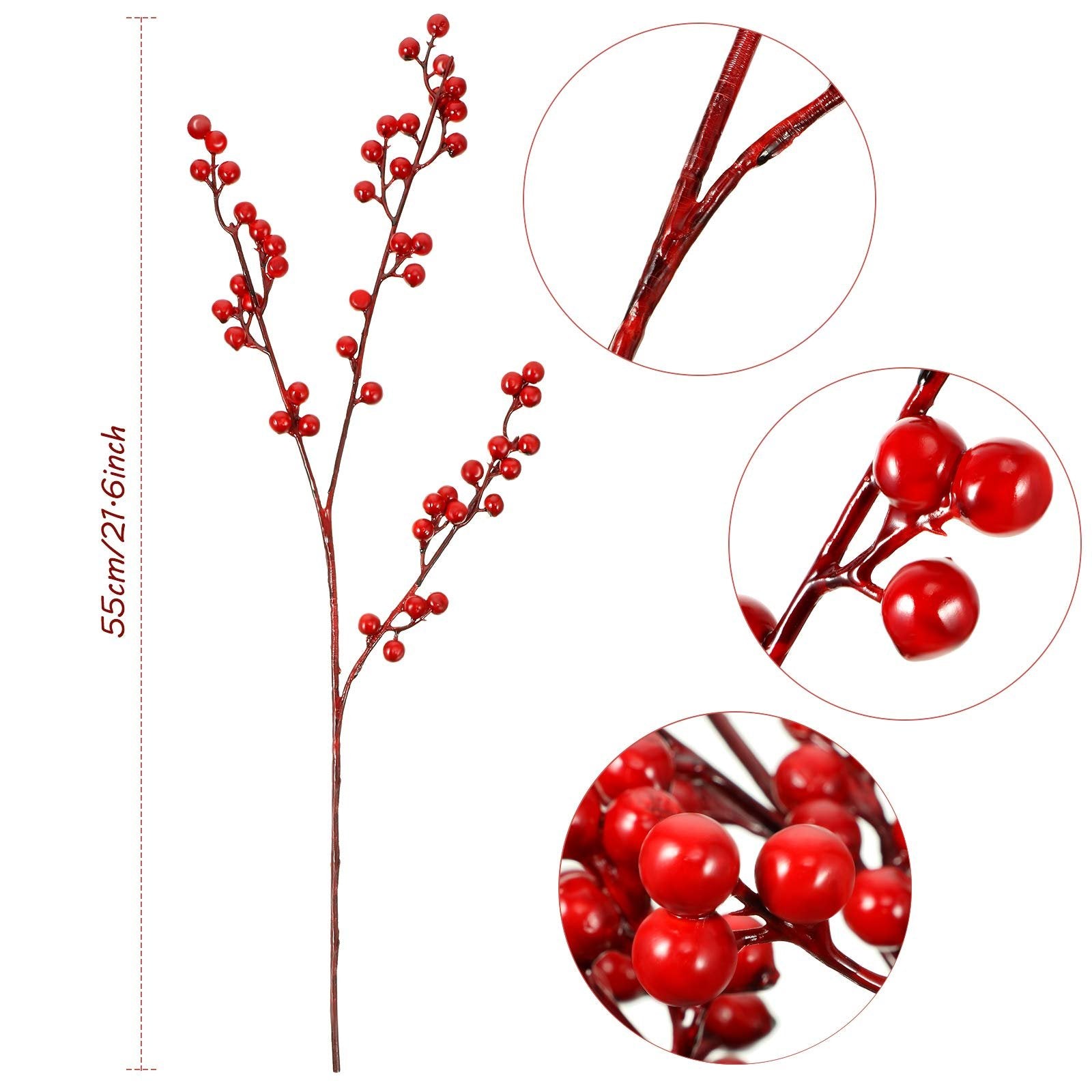 Artificial red berry stem with close-up views of branches and berries, with a measurement indicator.