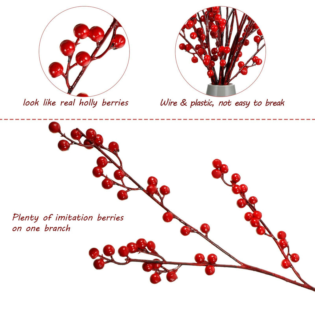 Artificial red berry stems with close-ups showing berry detail and material composition.