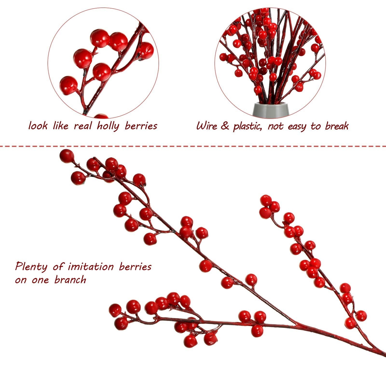 Artificial red berry stems with close-ups showing berry detail and material composition.