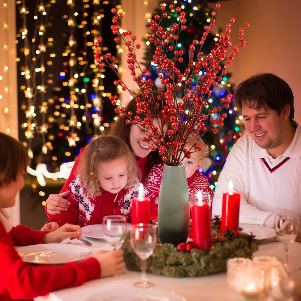 Family celebrating Christmas dinner with artificial red berry stems in a vase as a centerpiece.