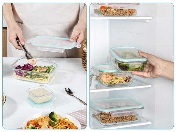 Glass food storage containers being filled and placed in a refrigerator