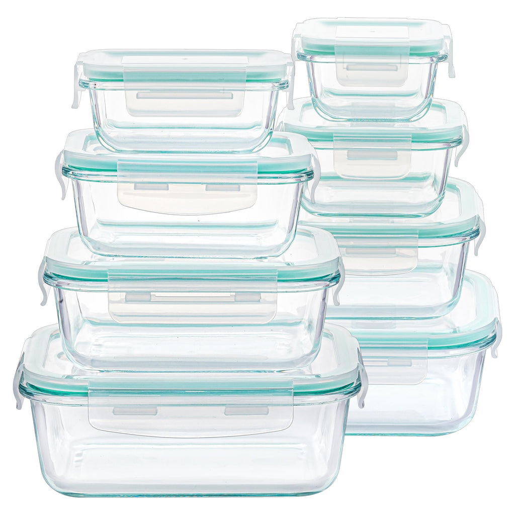 Stack of eight clear glass food storage containers with airtight teal lids, various sizes shown.