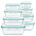 Stack of eight clear glass food storage containers with airtight teal lids, various sizes shown.