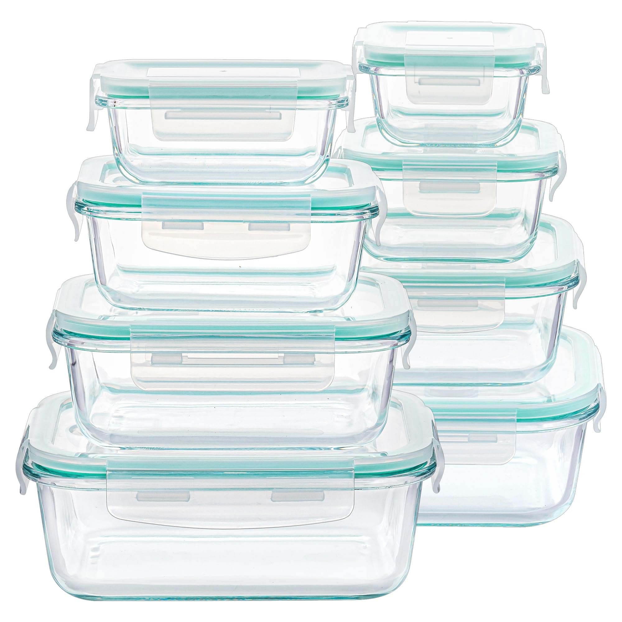 Stack of eight clear glass food storage containers with airtight teal lids, various sizes shown.