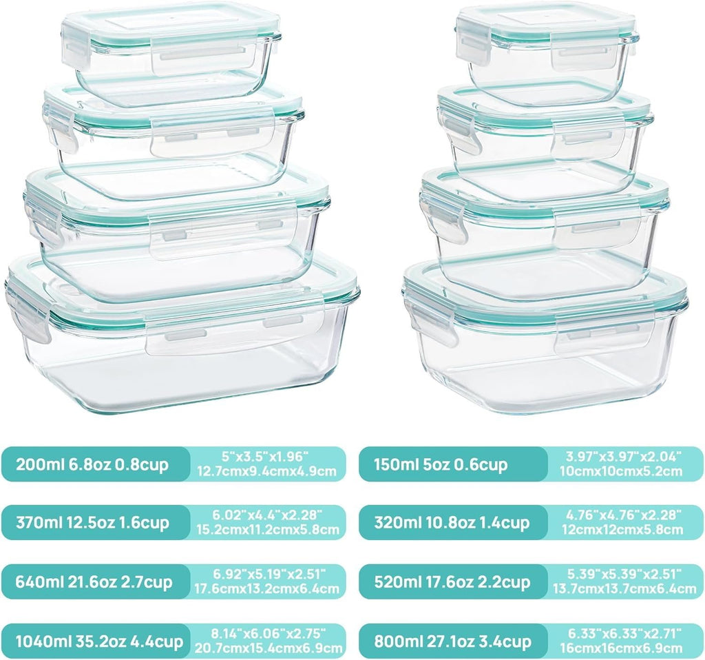 Set of eight glass food storage containers with teal airtight lids, stacked in two groups of four, with size and dimension labels below.