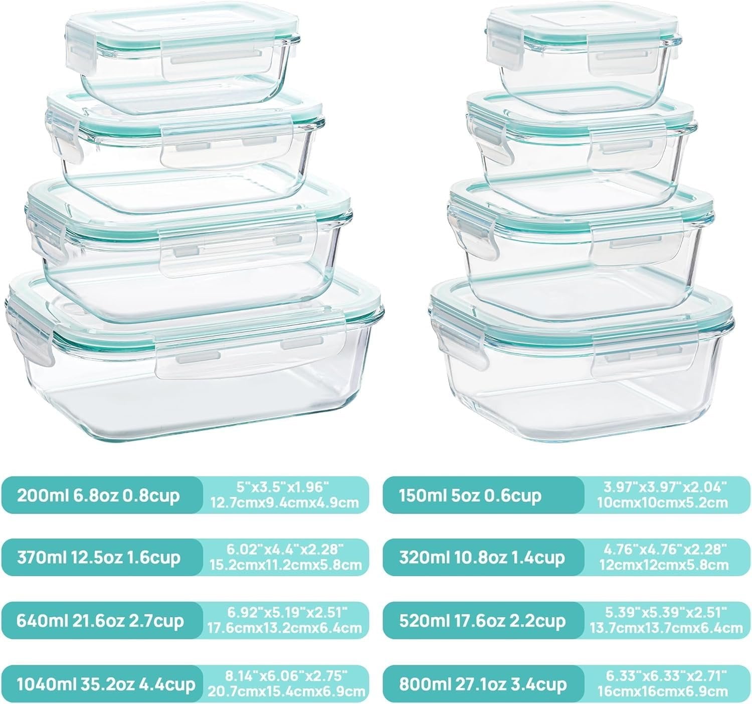 Set of eight glass food storage containers with teal airtight lids, stacked in two groups of four, with size and dimension labels below.