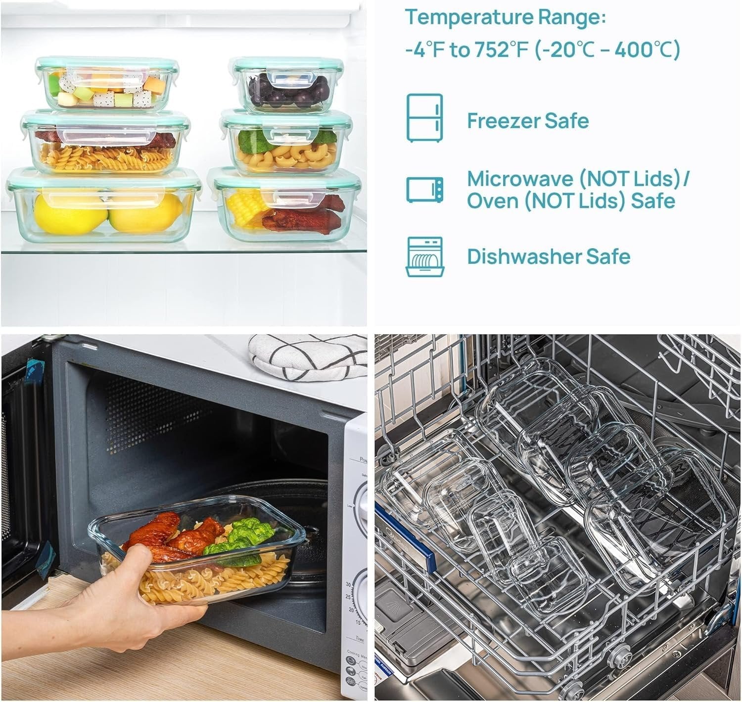 Collage of glass food storage containers: stacked in a fridge, being placed in a microwave, and in a dishwasher, with a graphic detailing temperature range and safety features.