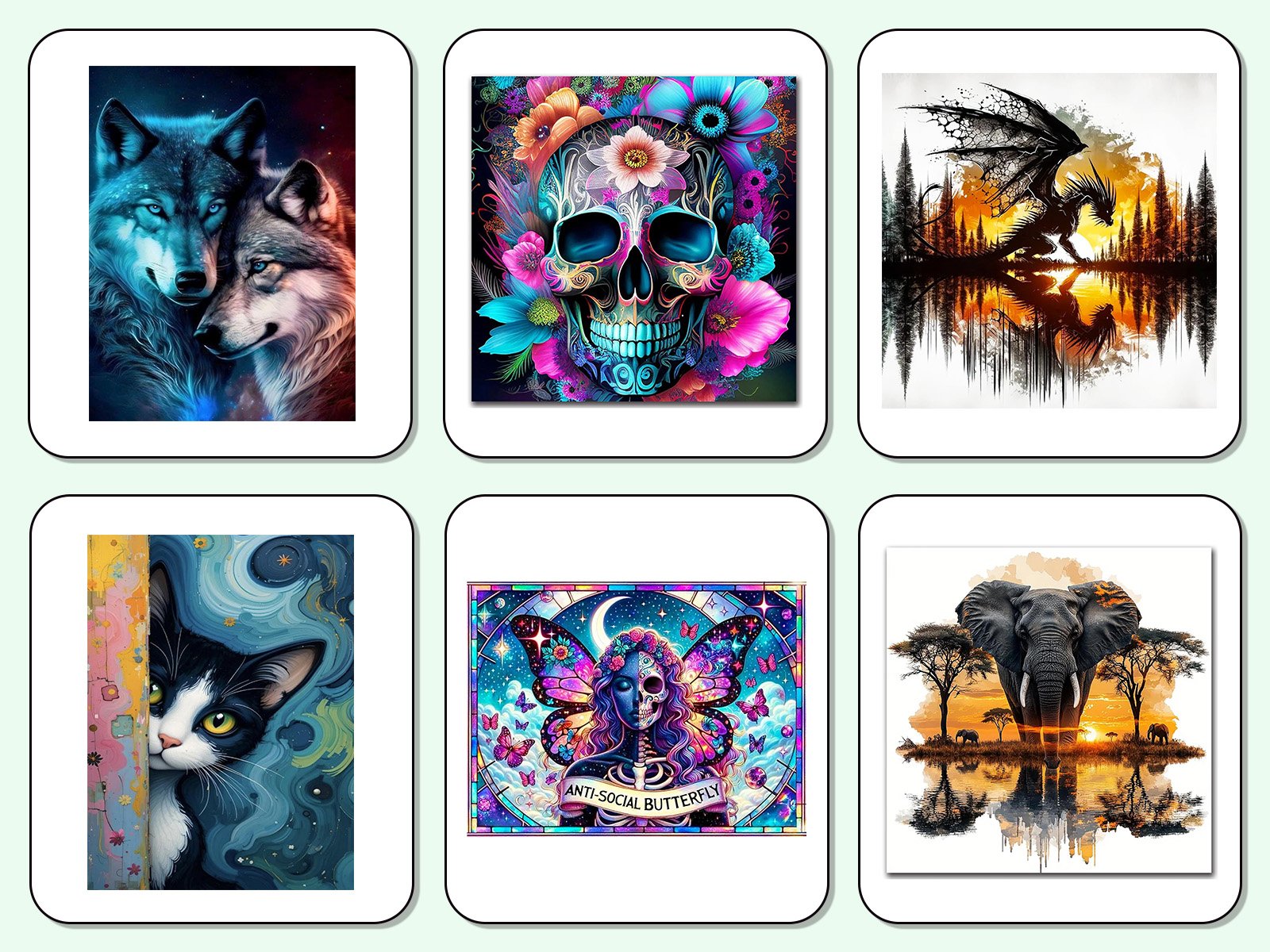 Diamond art coaster designs featuring wolves, skull, dragon, cat, butterfly, and elephant